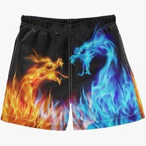 Boys Size 4 Cool Fire and Water Dragon Animal Swim Trunks, Elastic Waist